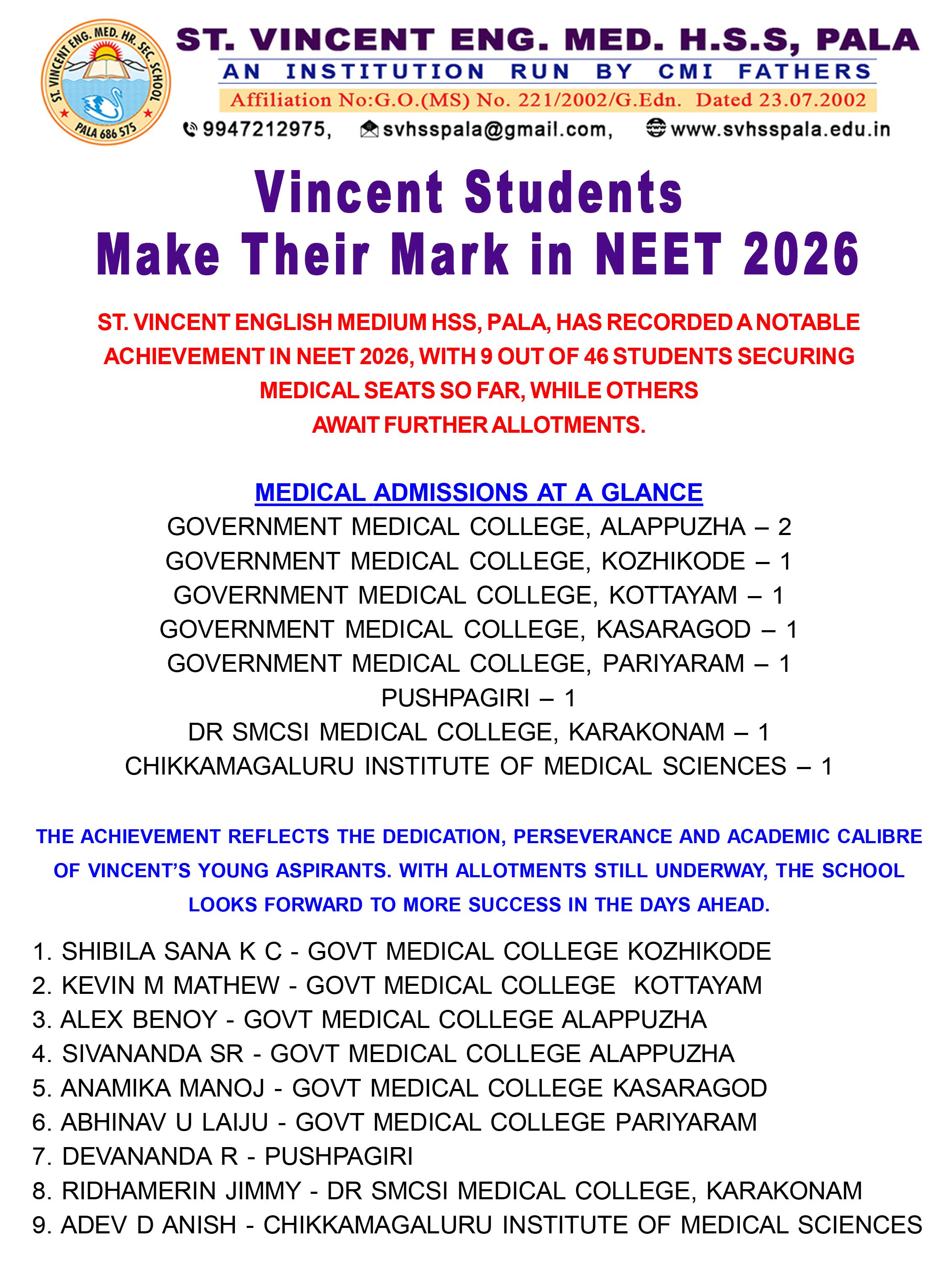 Vincent Students Make Their Mark in NEET 2026