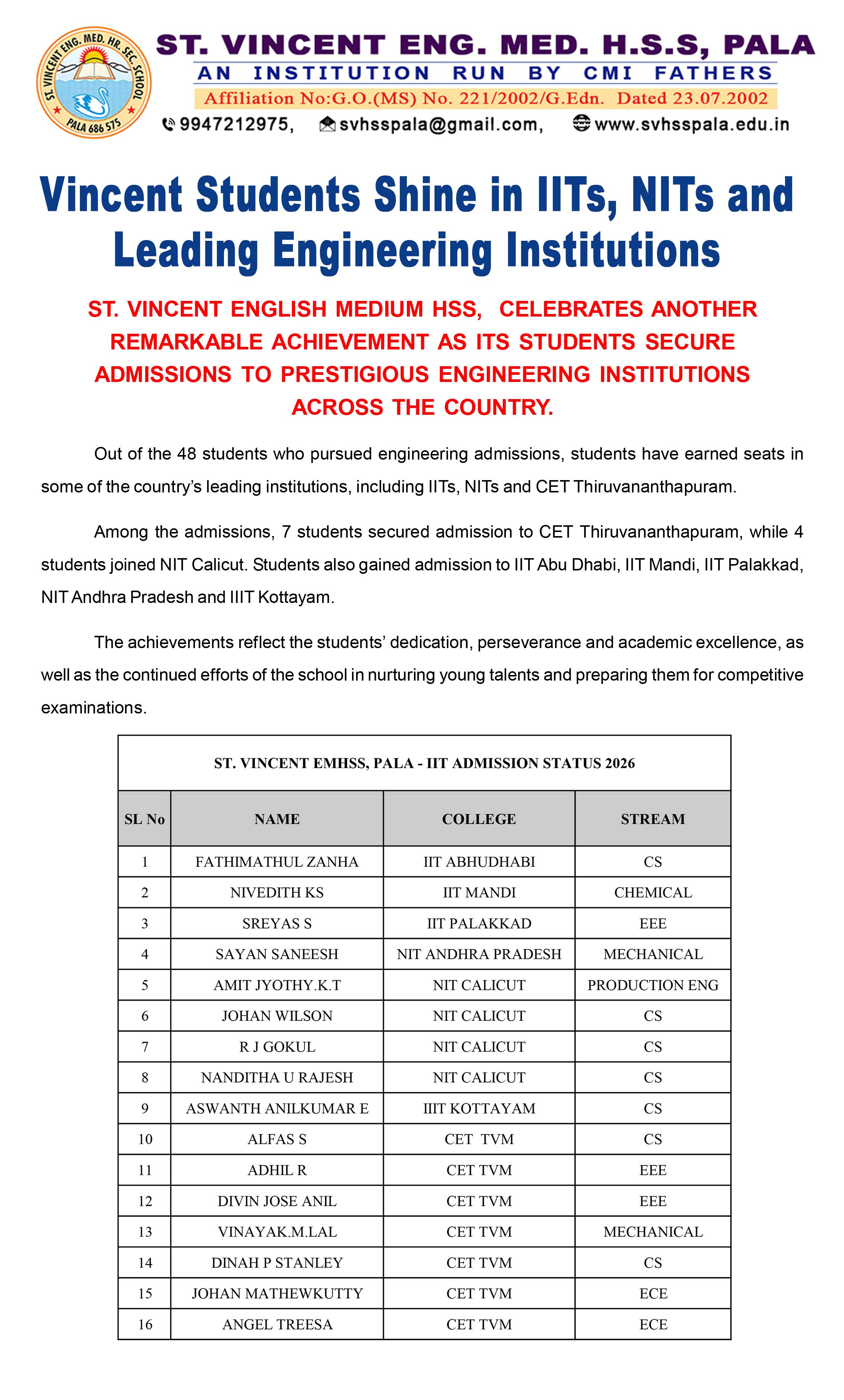 Vincent Students Shine in IITs, NITs and Leading Engineering Institutions