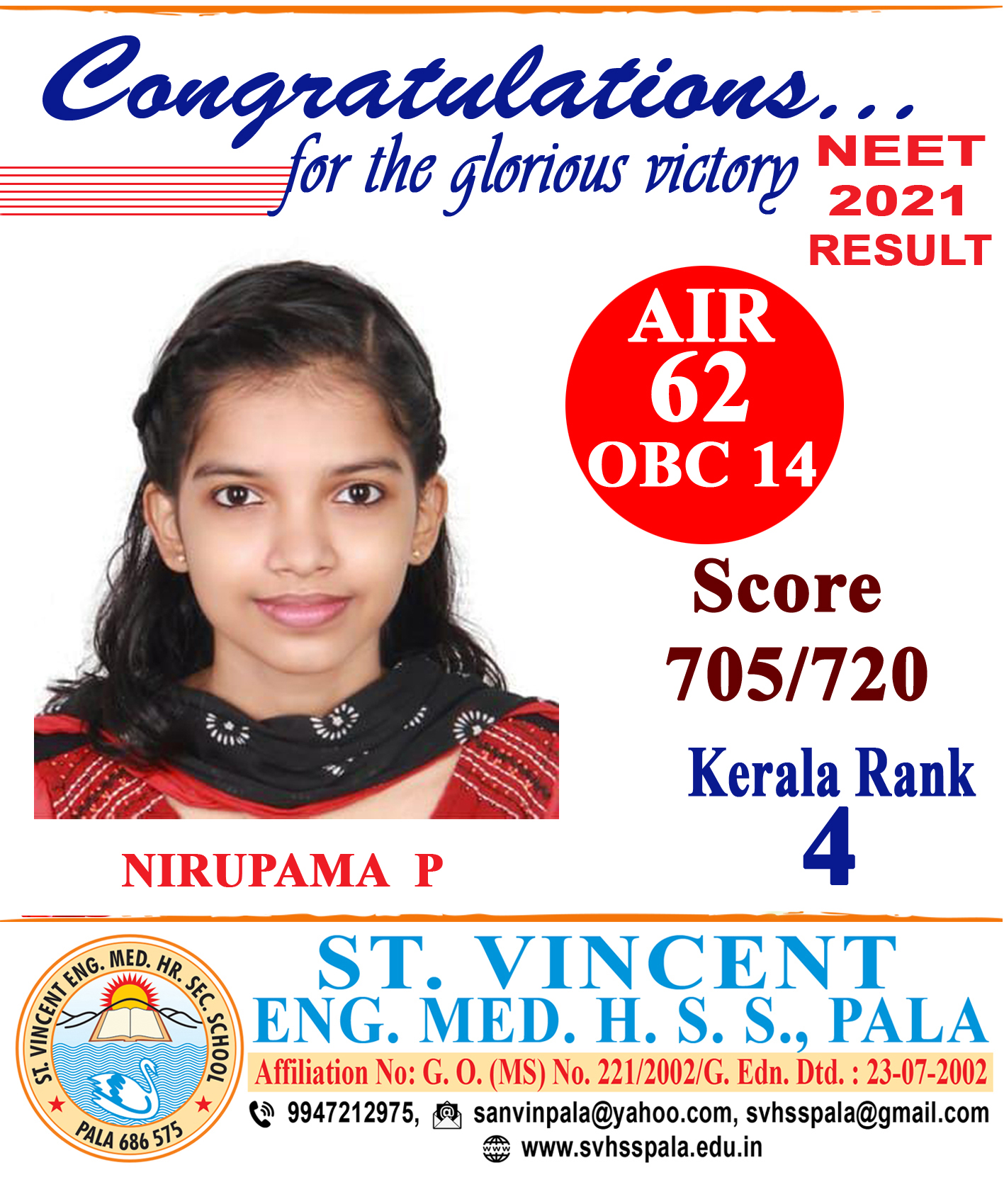 NEET 2021 Result : Top Scorer NIRUPAMA P (AIR 62)