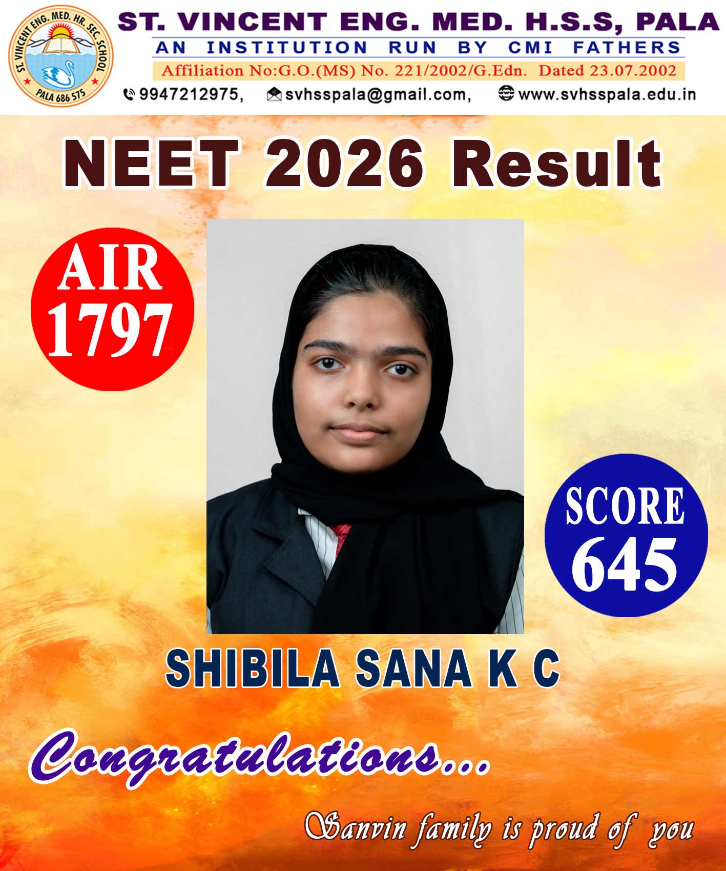 Congratulations Shibila Neet Result